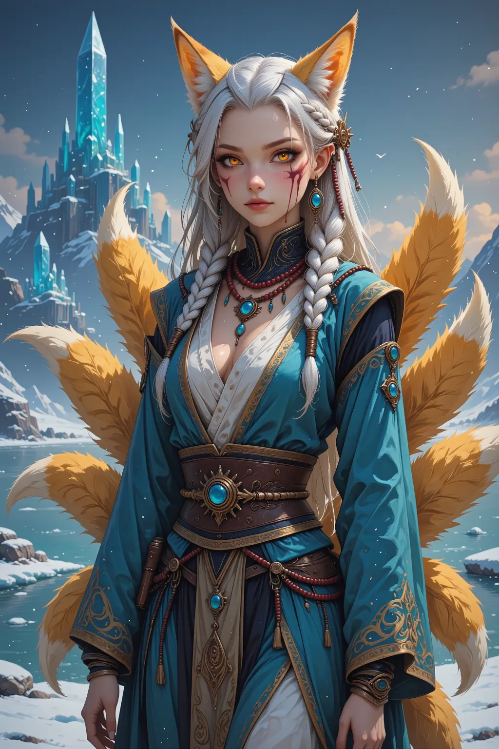Verath the Thorn, a white-haired kitsune, before the ice spires of Frostholm