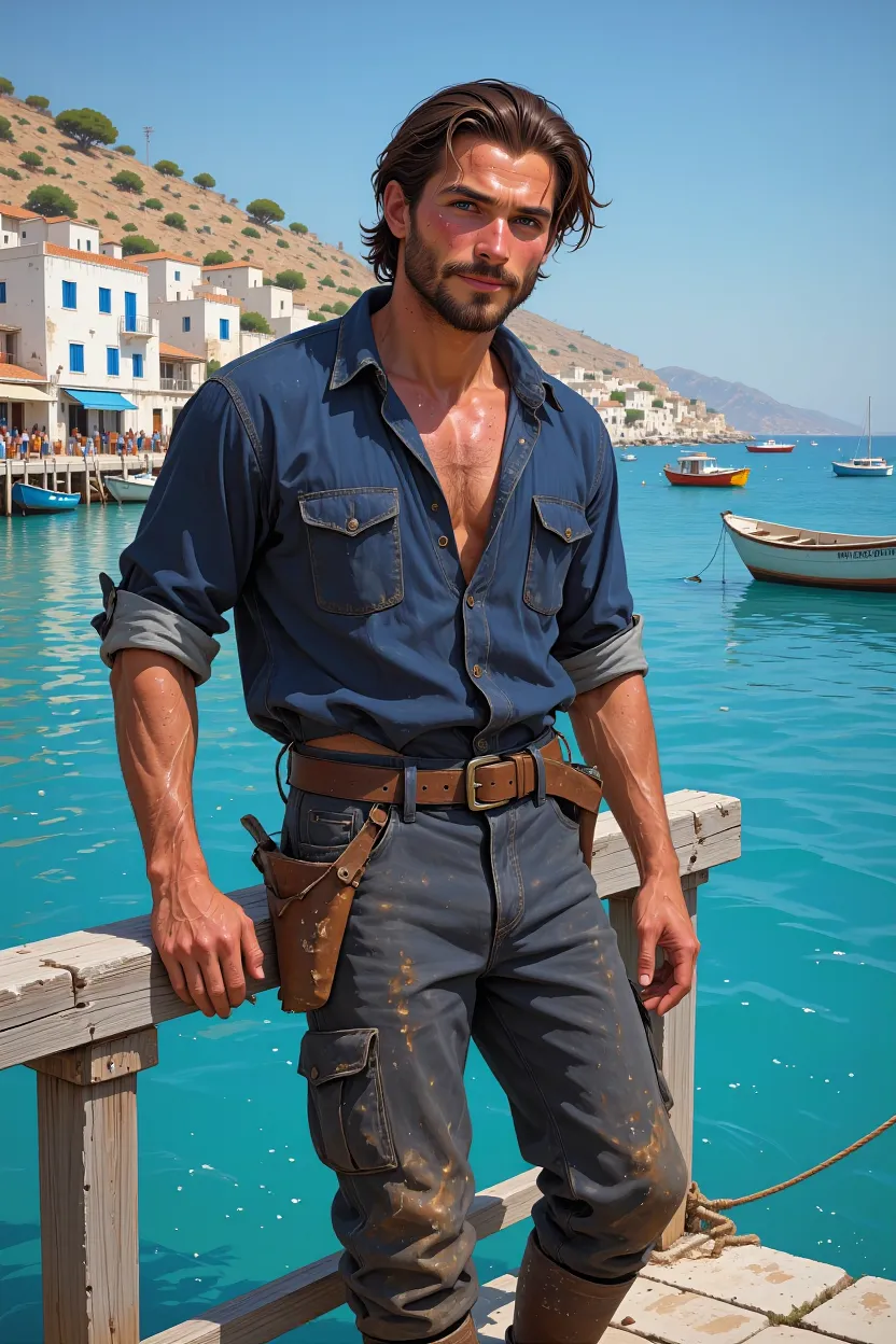 Dimitri Kowalski leaning on a harbour rail above turquoise water