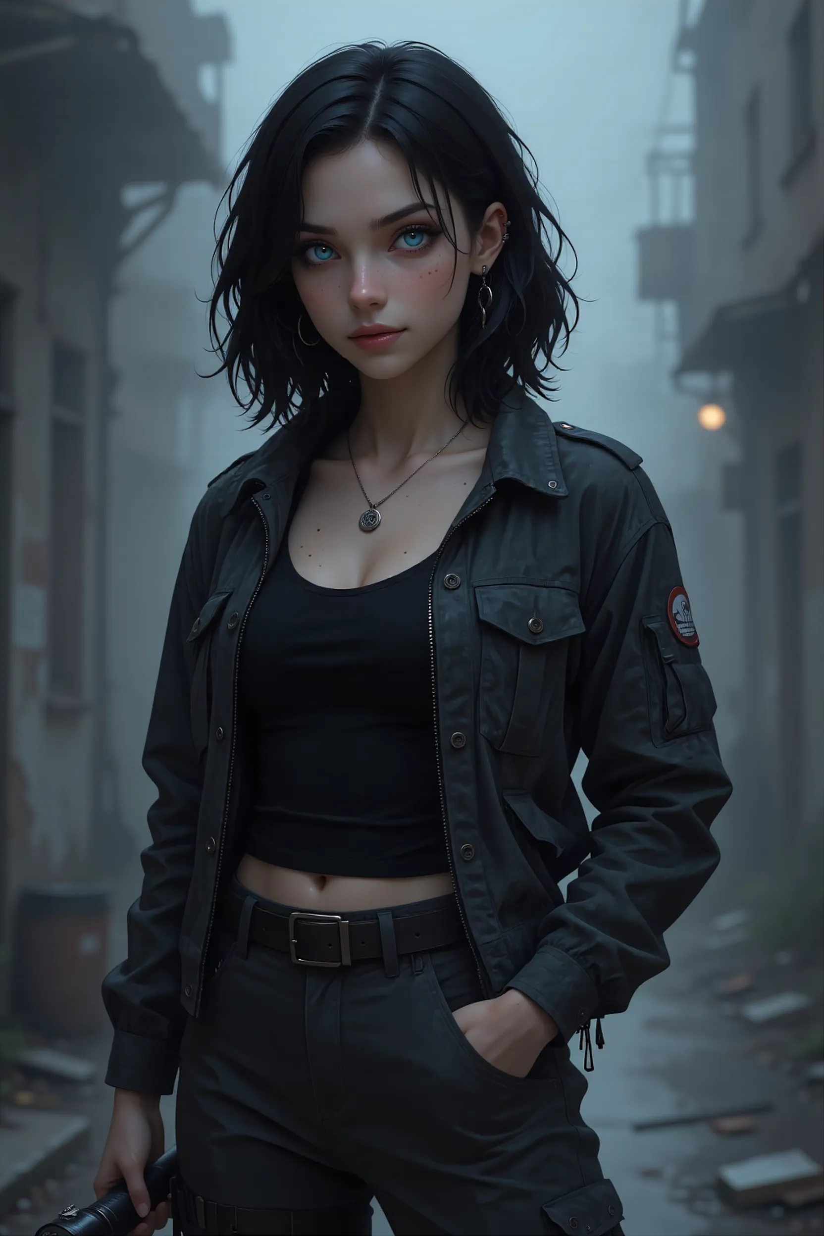 Alyssa Dark in a leather jacket on a fogbound Blackbay street